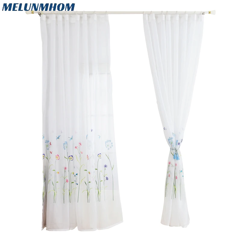 American Embroidered Sheer Curtains for Bedroom Colorful Flowers Tulle Curtains for Living Room the Kitchen Window Curtain Yarn