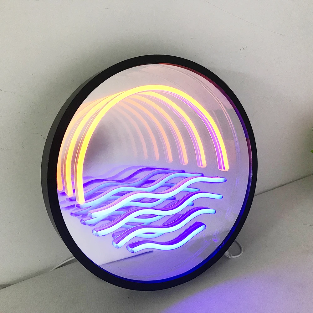 3D Magic Infinite Mirror Multi-layer Sunrise LED Neon Make Up Mirror Sign Home Room Decoration Lights Night Lamp Custom Gifts