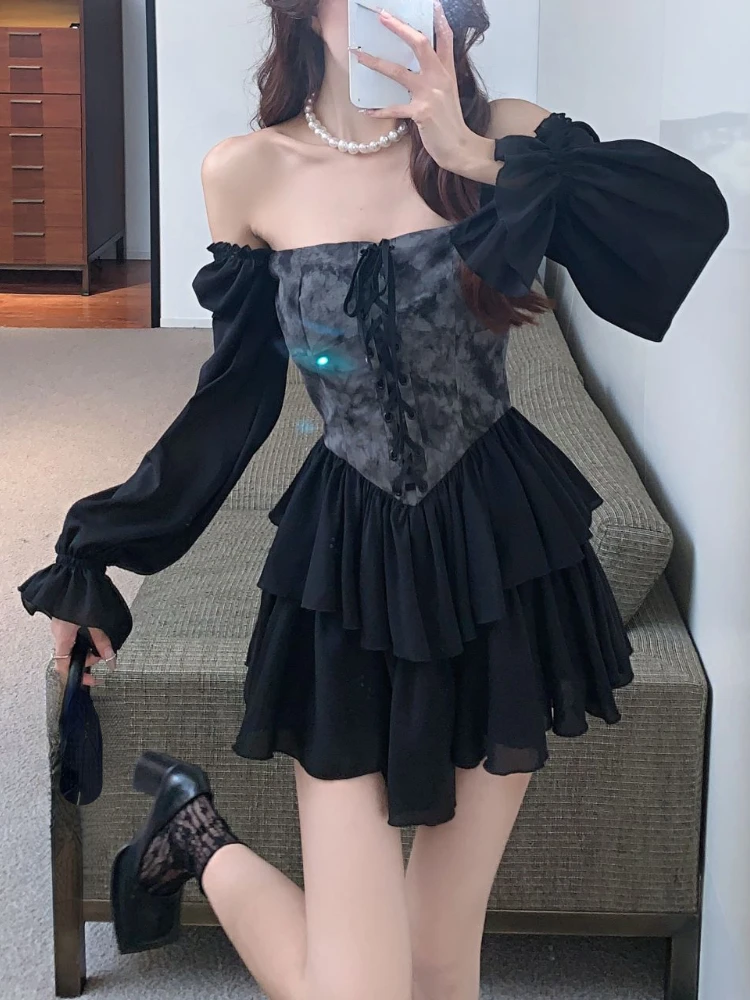 

Retro Mini Dress Gothic Slim 2023 Fall Casual Long-sleeved Floral Black Dresses Women Korean Fashion Sexy Short Dress