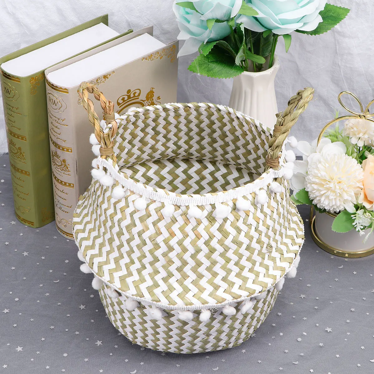

Foldable Storage Basket Large Straw Organizing Bin for Clothes Laundry Room Sundries Closet Organizer Home Decorative Basket