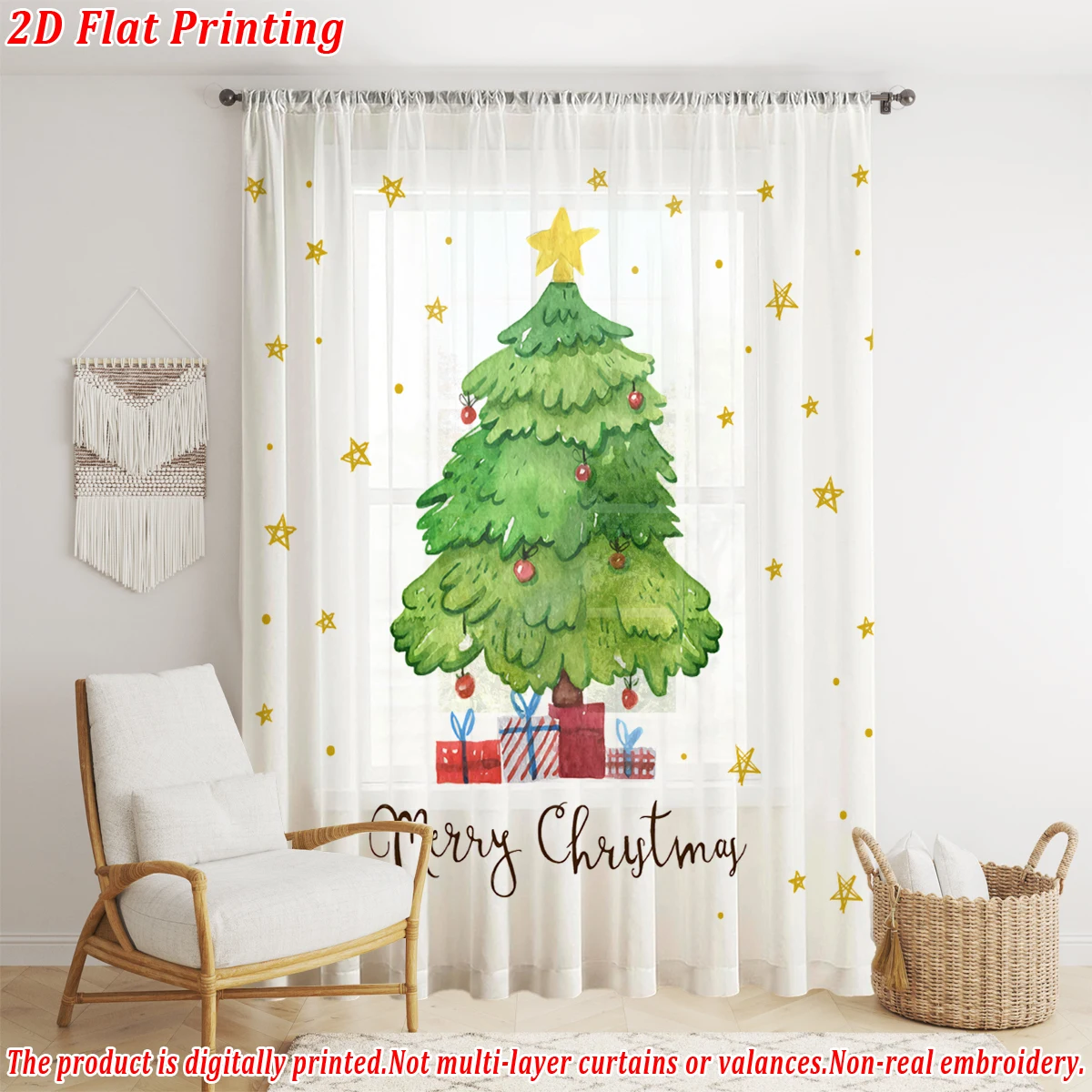 Christmas Flat Printing Sheer Curtain with Christmas Trees Gift Box Star for Living Room Bedroom Decor Holiday Party