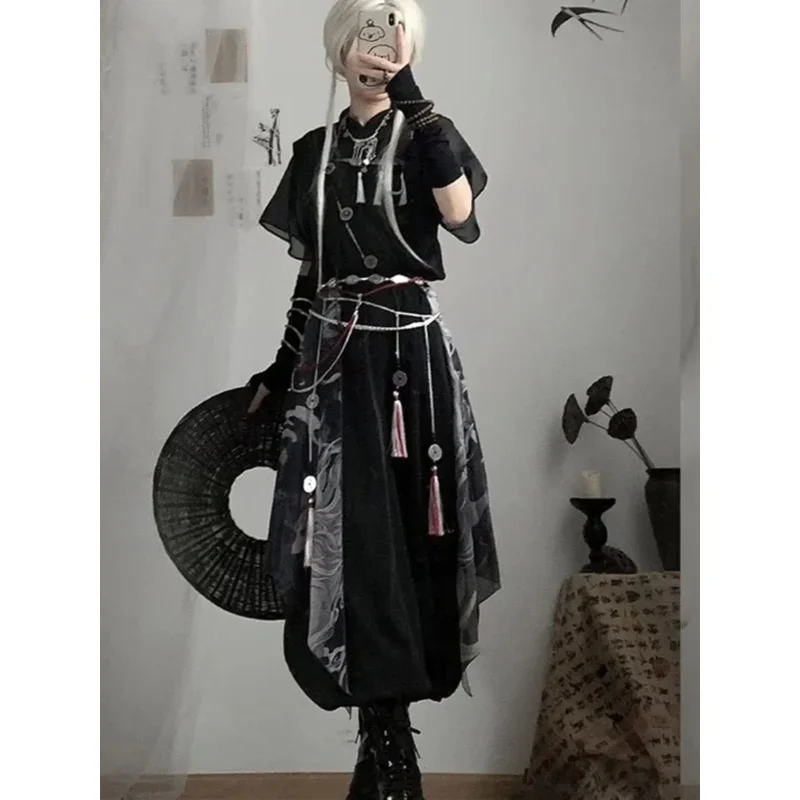 National Style Antiquities Cosplay Suit with Suspenders T-shirt Lantern Pants - Dress And Adornment yj4k