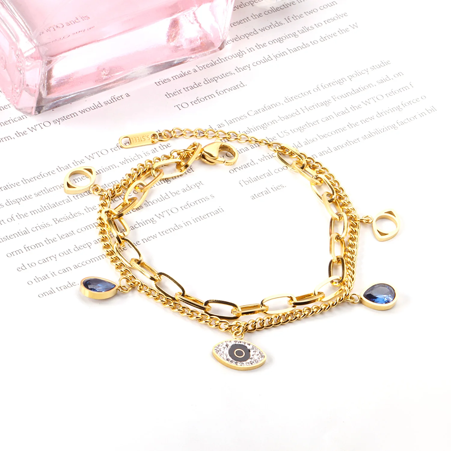 LUXUSTEEL Lucky Bling Blue Evil Eye Waterdrop Crystal CZ Zircon Charm Bracelet for Women Girls Double Link Chain On Hand Turkish