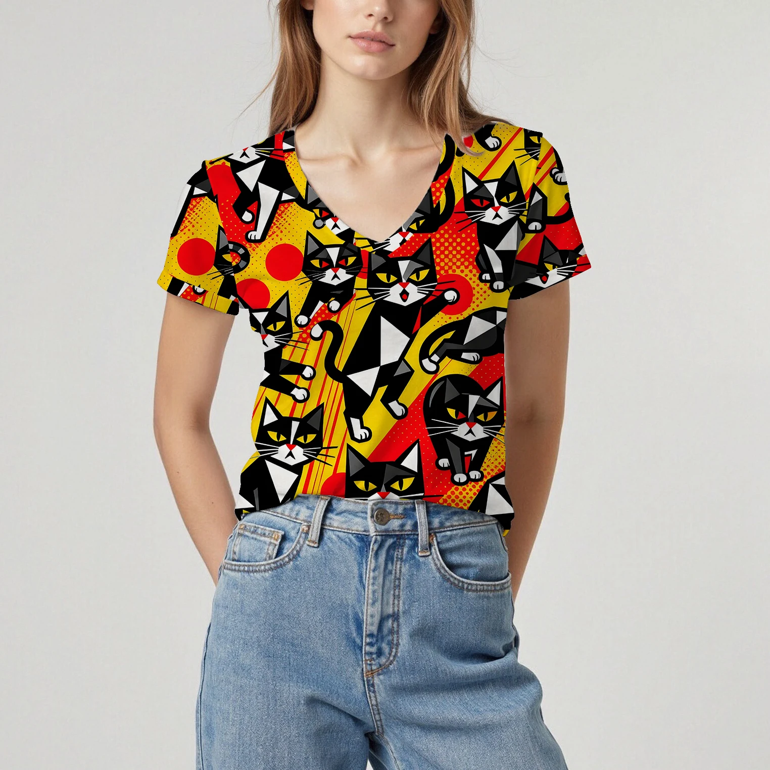 Neues Sommer-Damenpullover-Kurzarm-T-Shirt mit V-Ausschnitt und Katzenmuster, weiche Textur, bequem, atmungsaktiv, Persönlichkeit