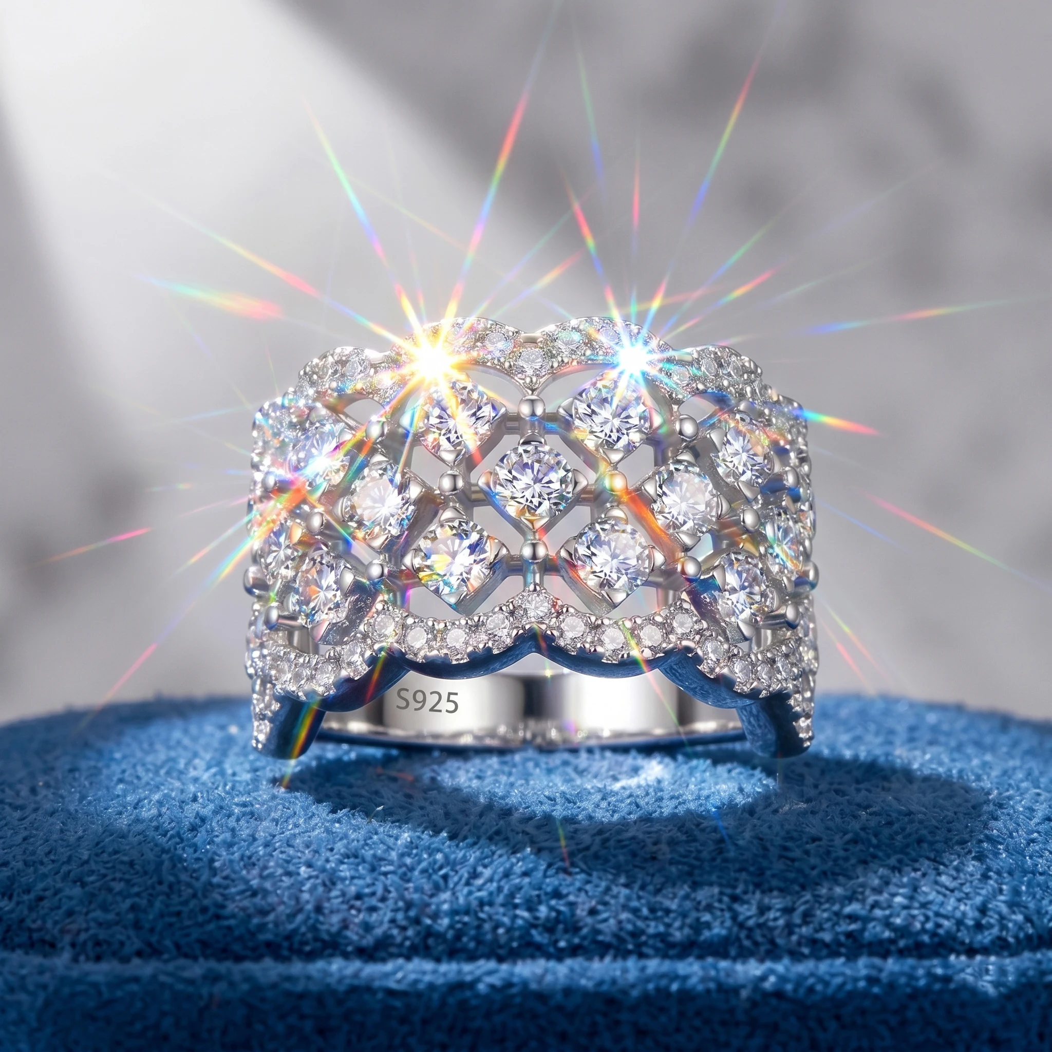 Anello in Moissanite Traforato a Nido d'Ape, Argento 925, Colore D VVS1, Gambo Largo Completamente Pavé, Regalo di Lusso Leggero, con Certificato