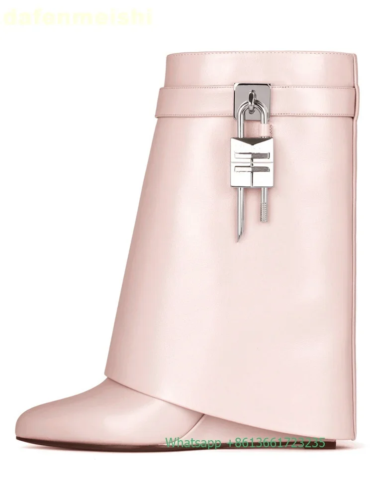 Classic Style Metal Lock Shark Boots Fiber Leather/cowhide Solid Color Fashion Women Mid-Calf Boots Platform Wedges Trend Shoes