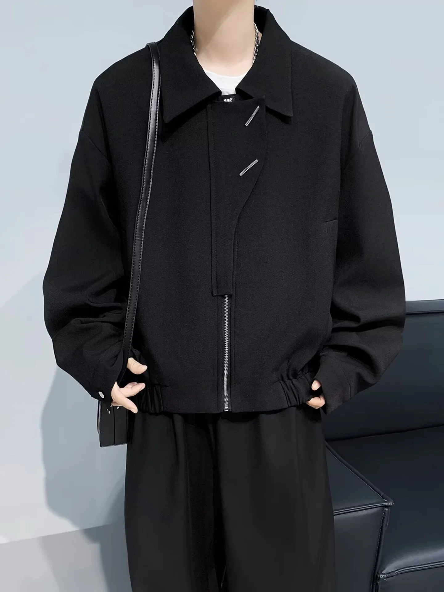 Dark Deconstructed Metal Buckle Collared Men's Jacket Irregular Design American Cleanfit Flight Jacket Youth Trend Spring Autumn