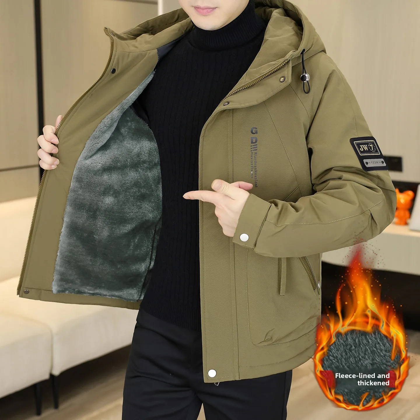 

Утепленная мужская куртка на молнии с капюшоном для осени и зимы, молодежная, теплая, из хлопка и полиэстера, повседневная, с длинными рукавами