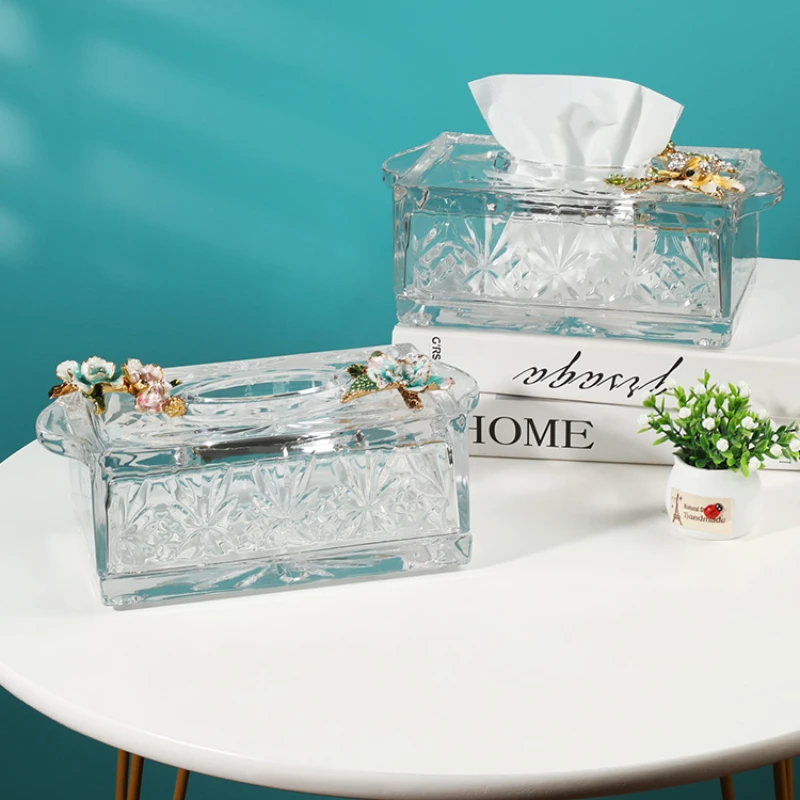 

Crystal Glass Enamel Color Tissue Box Luxury Decoration Creative Living Room Household Dining Table Storage Napkin Paper Box