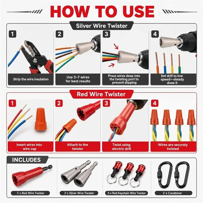 DTEN-Wire Twister Tool For Drill(8 Pcs) With Bit Holder Keychain, 1/4 Inch Hex Shank Wirenut Wire Nut For 9-22 AWG