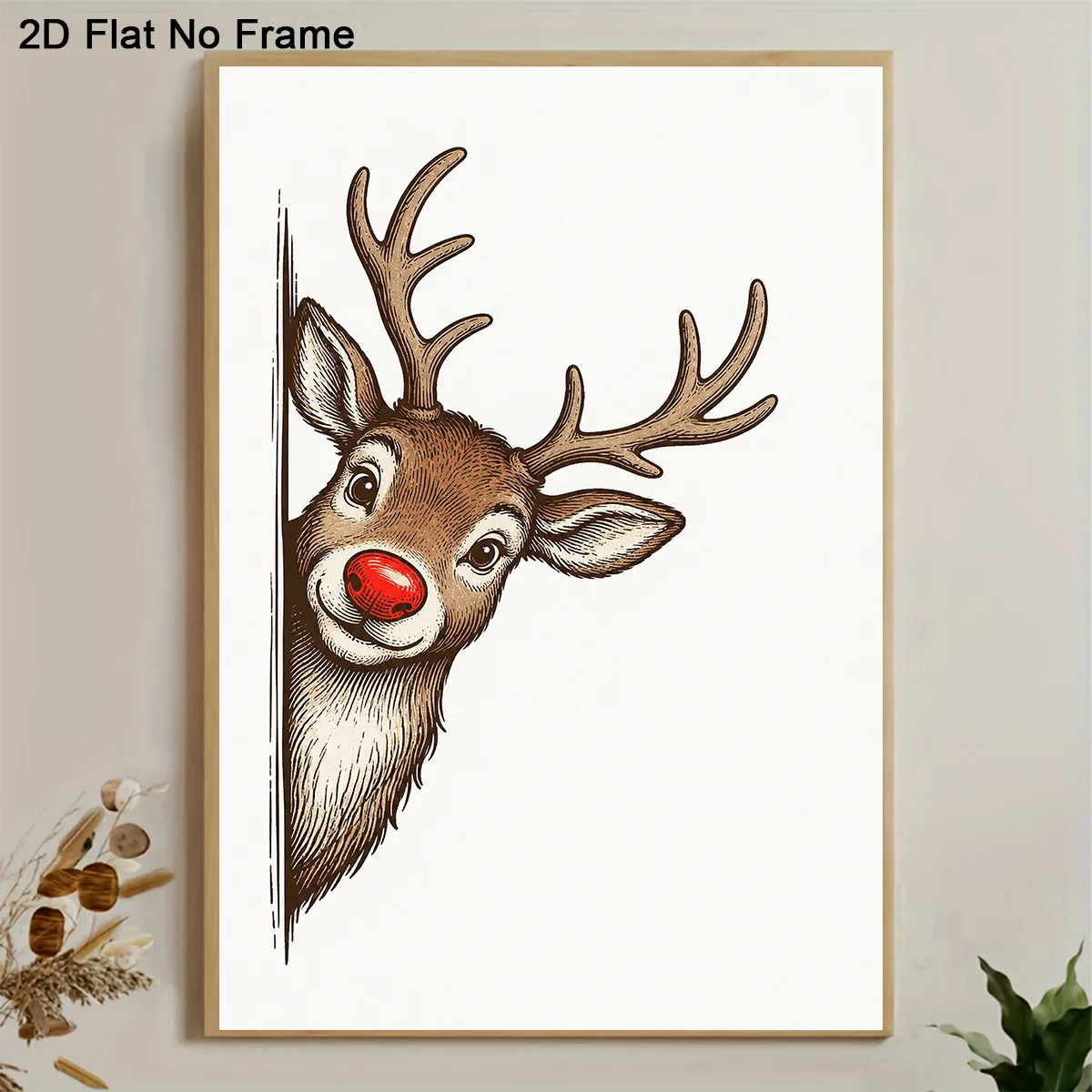 2027,2D Flat, 2D Flat, Frameless Canvas Poster, Cute Peeking Reindeer with Red Nose Vintage Illustration Wall Art Canvas Pain
