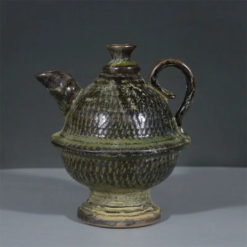 Chinese style antique Song tea leaf glaze celadon wine pot teapot flat pot collection decorative art ornaments