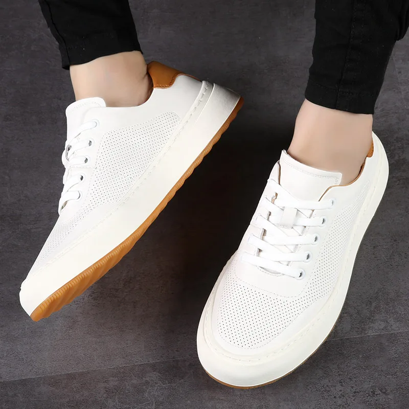 New Shoes for Men Genuine Leather Casual Shoes Spring Summer Microporous Flats Skateboard Shoes Lace-up Sneakers