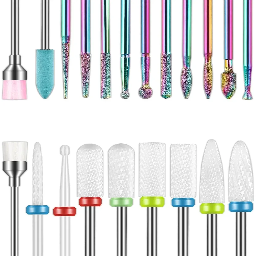 Professional Nail Drill Bits Set 21PCS 3/32 Inch Shank Cuticle Ceramic Electric Nail File Acrylic Gel Nail Art Carbide Remover Manicure Pedicure Home Salon Kit