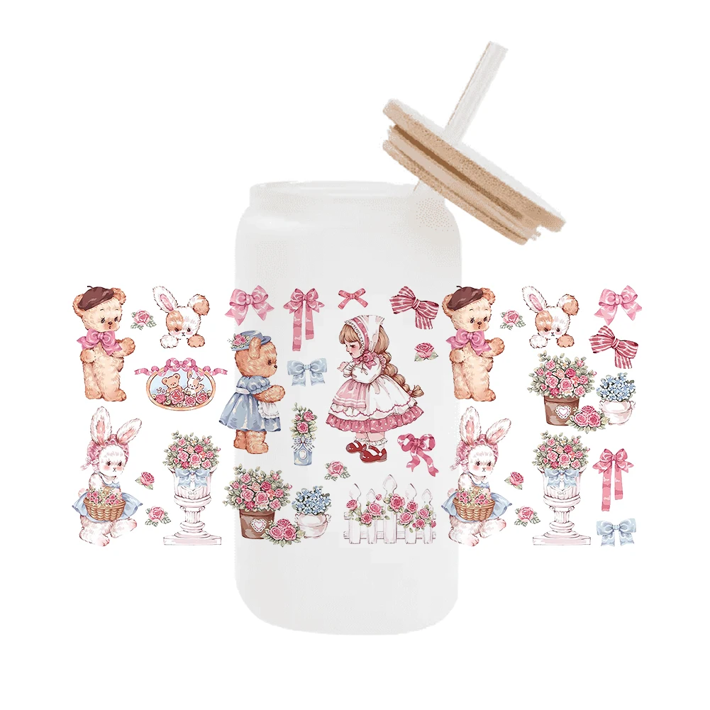 Lolita Cute Rabbit Teddy bear DIY For Libbey 16oz Can Glass 3D Waterproof UV DTF Coffee Can Wrap Libbey Glass Wrap