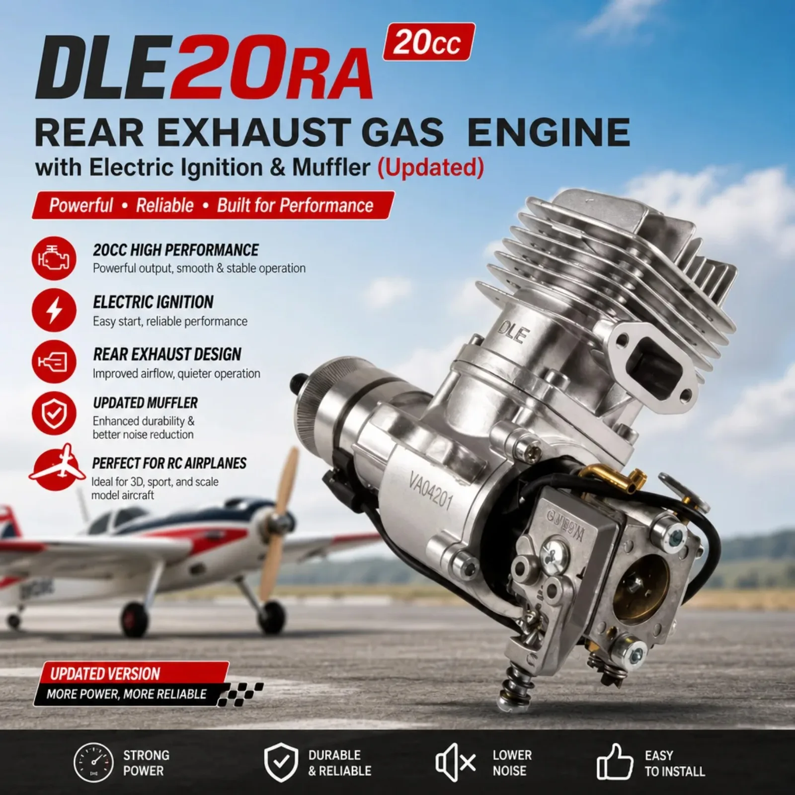 DLE20RA 20CC Rear Exhaust Gas Engine with Electric Igniton&Muffler Updated