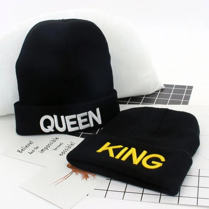 Beanies Cap KING QUEEN Letter Embroidery Warm Winter Hat Knitted Cap Hip Hop Men Women Lovers Street Dance Bonnet Skullies Black