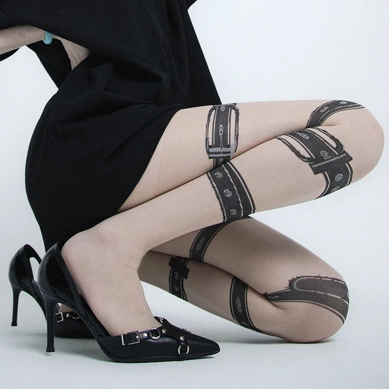 Gothic Punk Women Stockings Sexy Black Leg Ring Jacquard Tights Y2k Printed Waist Nightclub Party Tights Lingerie Pantyhose