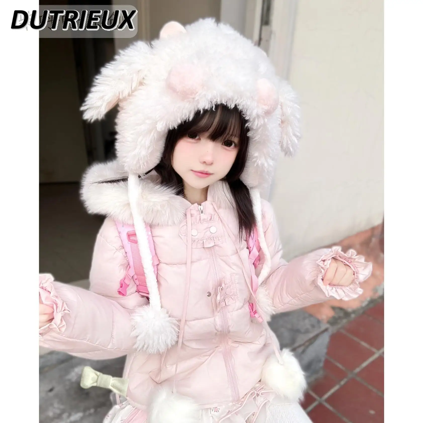 Winter New Sweet Cute Girls Pink Hooded Cotton Coat Loose Warm Zipper Clothes Slimming Long Sleeve Parkas Jacket for Women