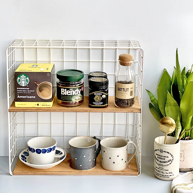 

Nordic style checkered iron solid wood old word baffle double shelf decorative wall storage frame