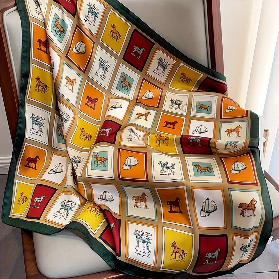 27.55" Grid Horse Print Square Scarf Simulated Silk Neck Scarf Stylish Sunscreen Headscarf For Women