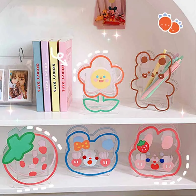 

Kawaii Acrylic Pen Holder Desktop Organizer INS Transparent Cartoon Bunny Bear Tiger Office Stationery Cosmetics Storage Box