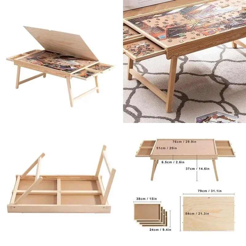 Portable 4 Drawer Folding Polished Wooden Puzzle Stand Table with Cover Multifunctional Design