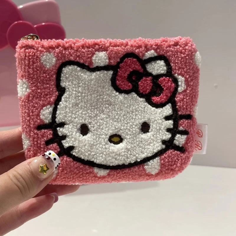 10cm sanrio hello kitty bolsa de armazenamento de moedas de pelúcia dupla camada zíper mochila pendurado chaveiro decoração amigo presente de natal