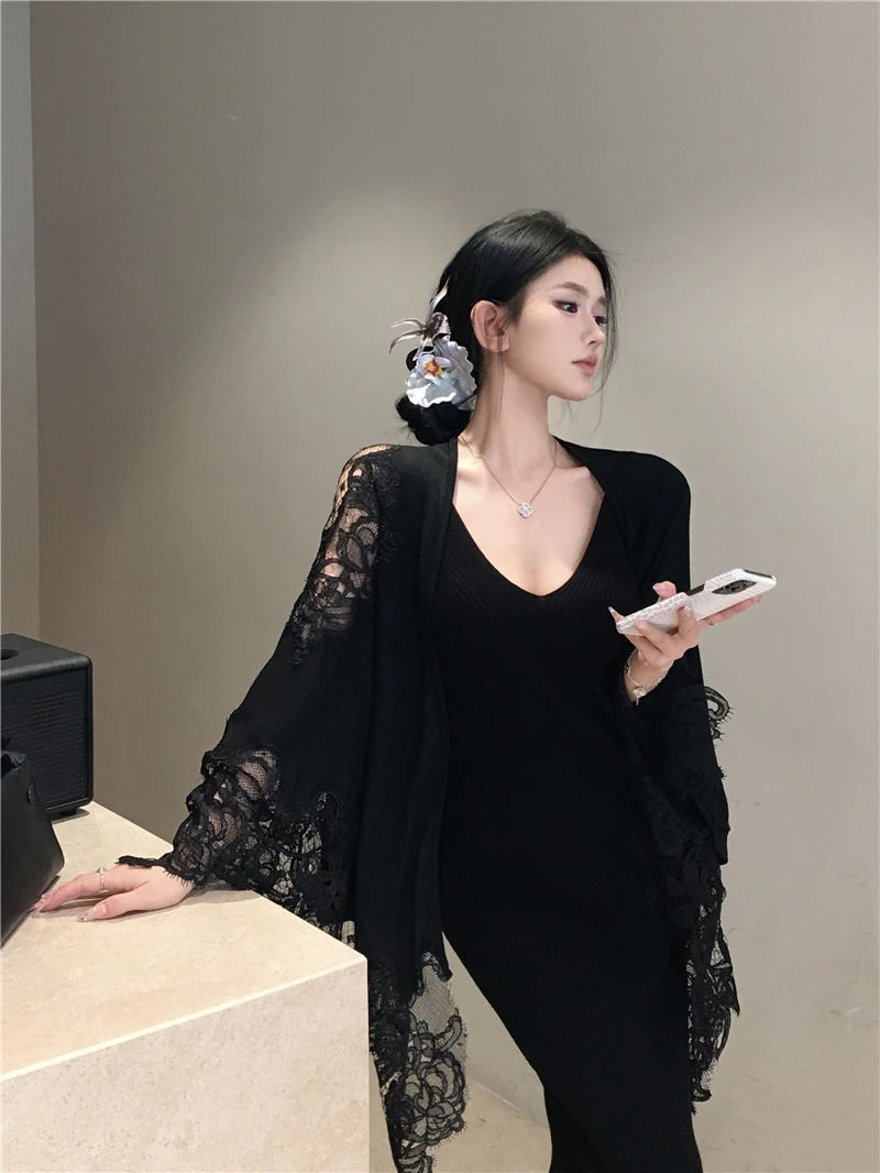 

Black Lace Splicing Knitted Cowl Neck Coat Women's Winter Fashion Set with Strap Long Dress Two-Piece Set Commute Style Casua...