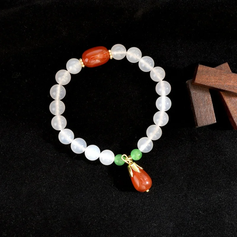 New Chinese Style White Agate Lychee Jelly Water Drop Pendant Bracelet Red Agate All-Match Bracelet High-Grade Handmade