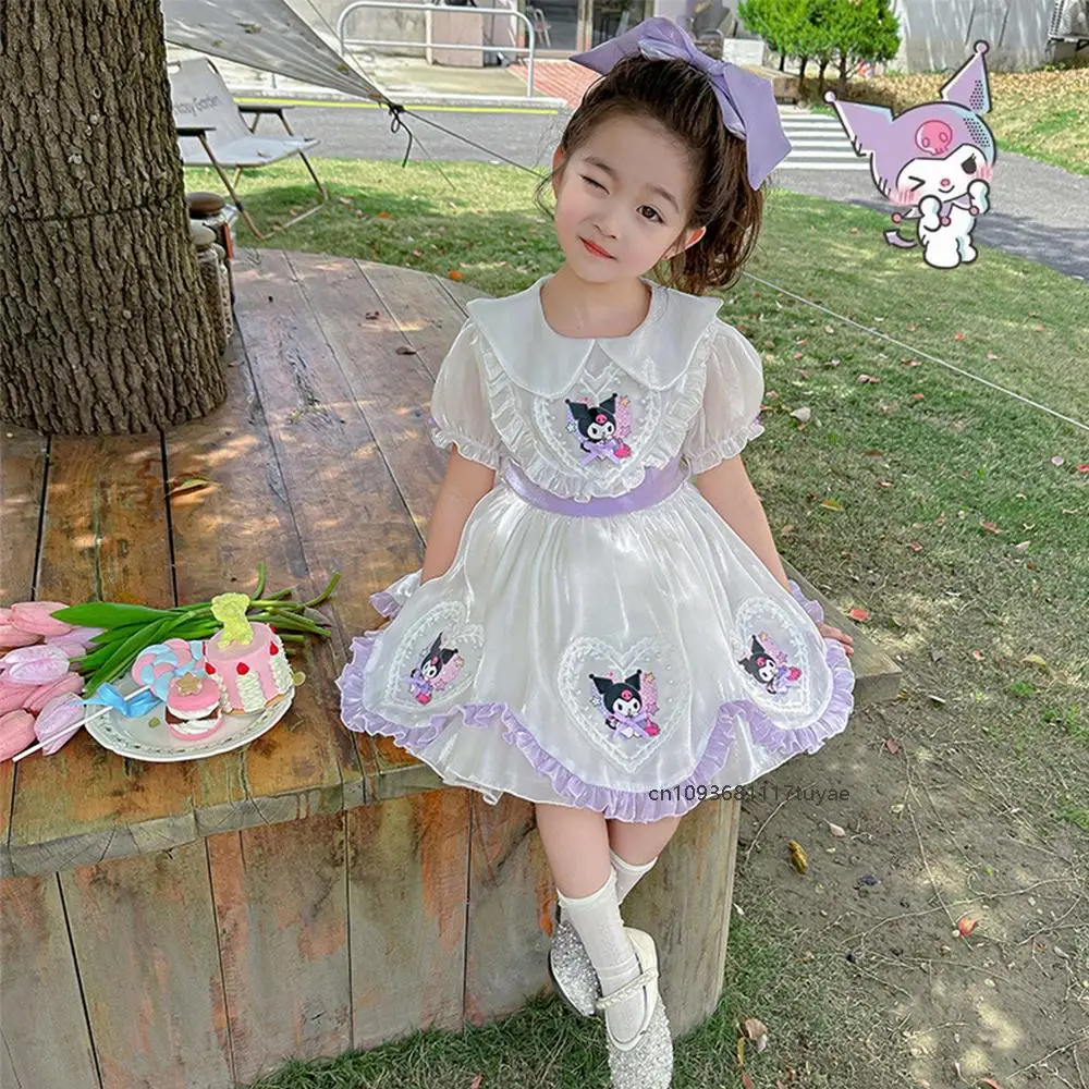 Summer New Kawaii Girls Lolita Dress Anime Kuromi Korean Style Kids Princess Sweet Skirts Short Sleeve Party Dress Birthday Gift