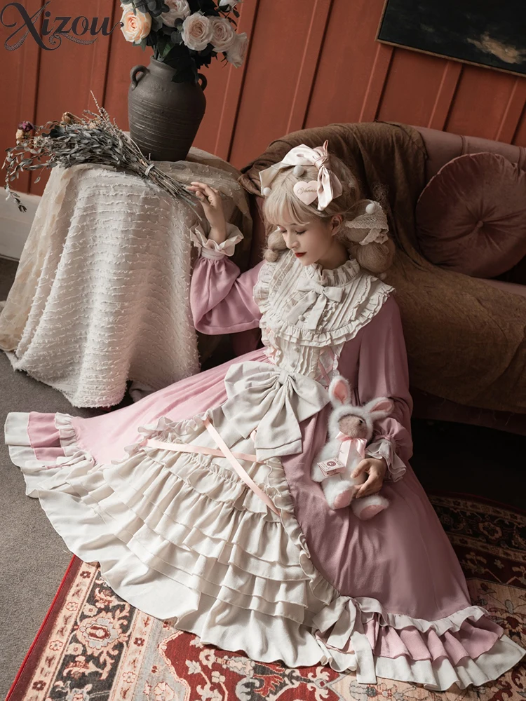 オリジナルフレンチスタイルエレガントプリンセスロリータドレスファッションボールガウン女性のミッドレングス長袖ドレス秋冬