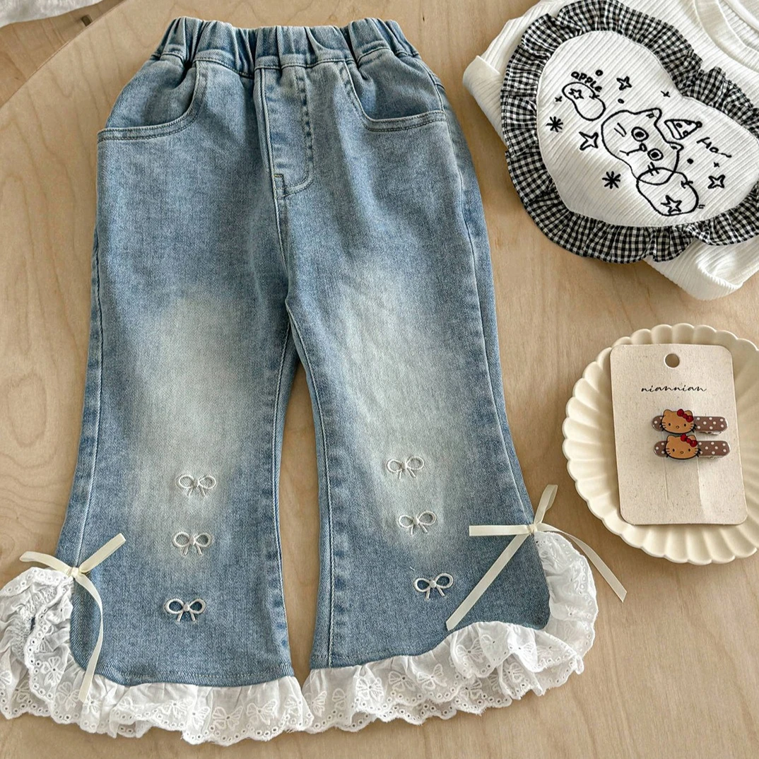 Girls Pants 2026 Spring and Autumn New Children's Clothing Korean Style Girl Baby Sweet Foreign Style Lace Split Jeans