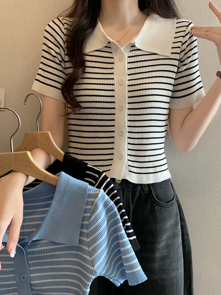 

Женская трикотажная одежда Ne ort Sve Summer Slim Fit в полоску, модная верхняя одежда небольшого размера, корейский топ