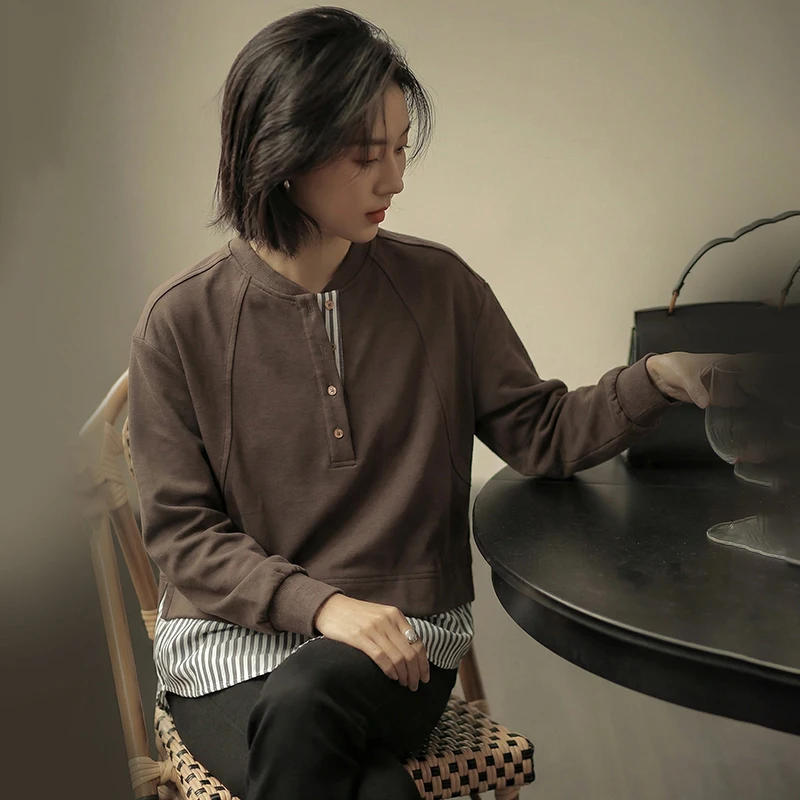 

Свободный полосатый свитшот женский, повседневный, весенний, новинка, большие размеры, с цветными блоками, комфортный крой, из модала и хлопка, топ