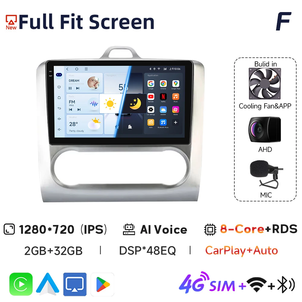 JIUYIN 9 Inch IPS Scherm Voor Ford Focus 2 2004-2011 Android 13 Auto Multimedia Speler Android Auto autoradio GPS Navi CarPlay - afbeelding 1