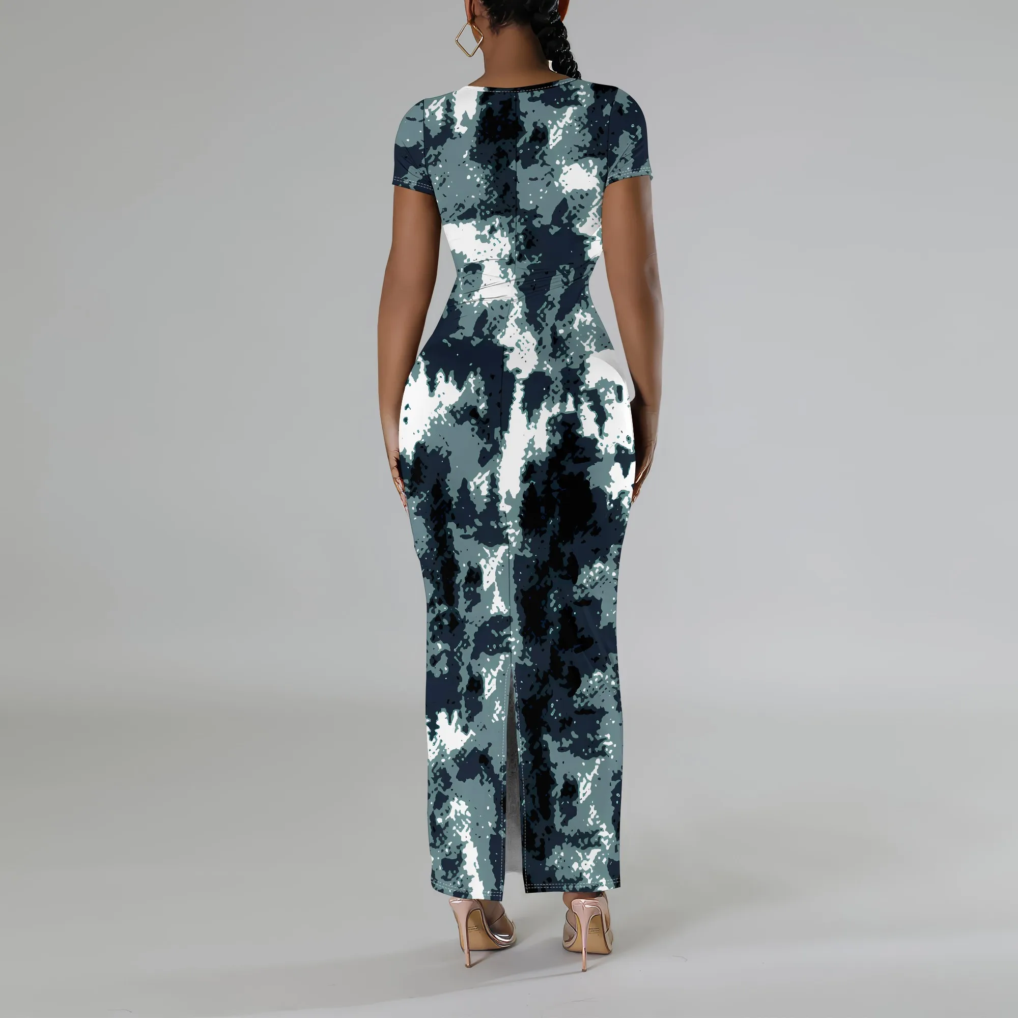 Dark Camo Tie Dye Print Slim Maxi Vestido Manga Curta Moda Casual Roupas de Férias de Verão
