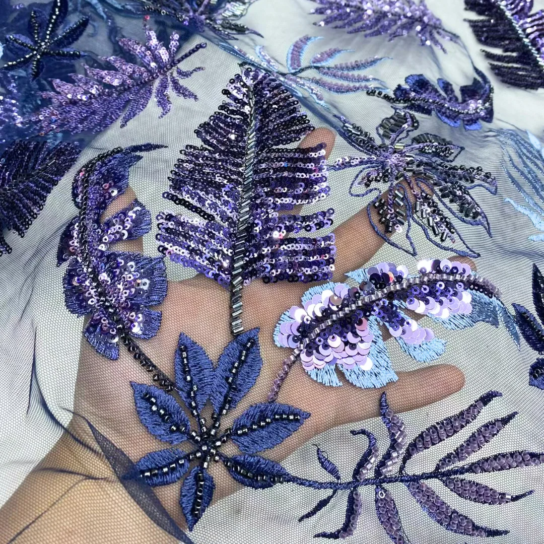 

High Quality 3D Flower Beaded Lace Fabric African Sequins Lace Fabric 5 Yards Nigerian Embroidered Fabric for Wedding Dress