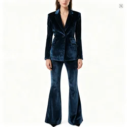 Women's luxurious blue velvet two-piece suit, winter thickened and warm blazer and trousers, suitable for office ladies, formal