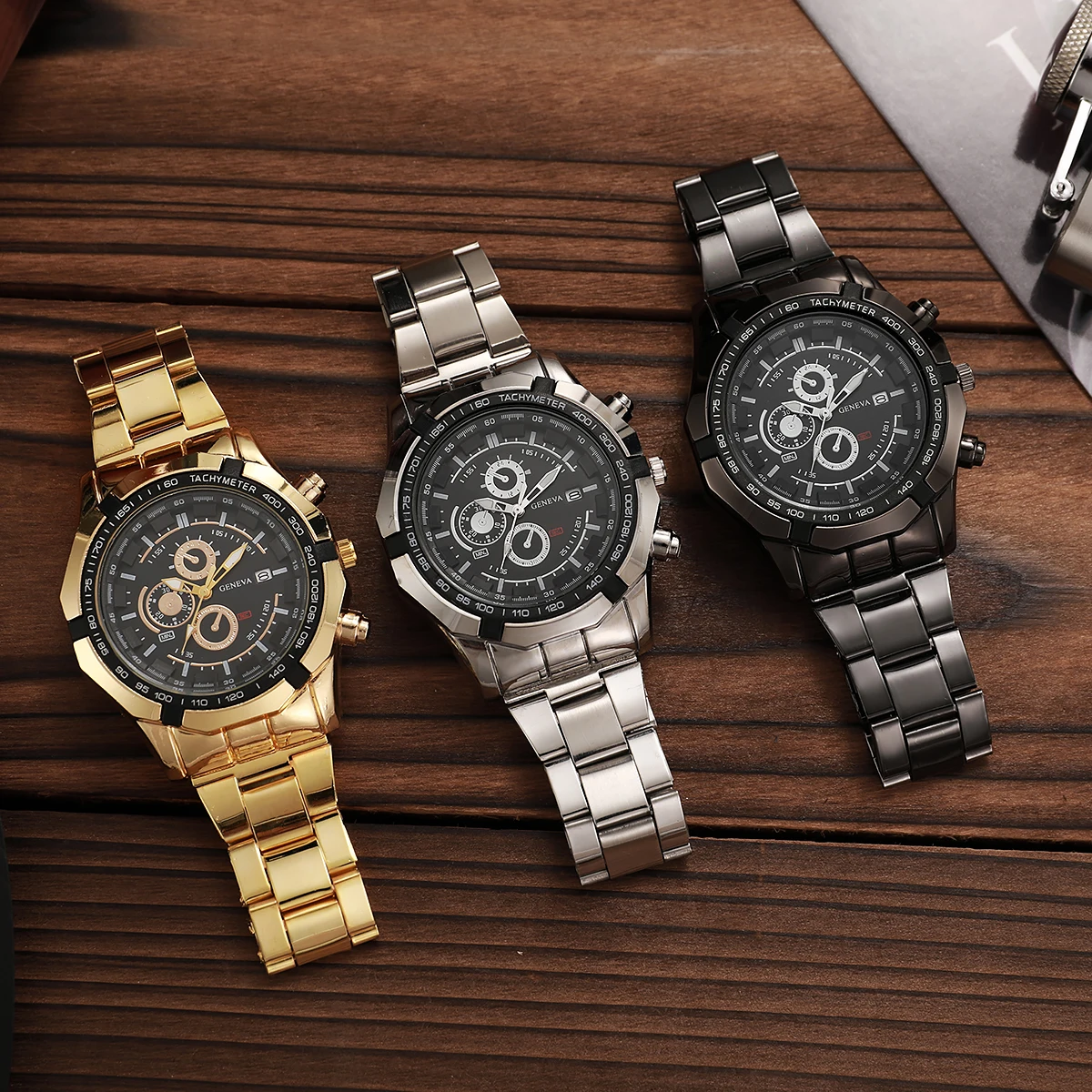 

Мужские часы со стальным ремнем, модные мужские часы с тремя глазами и календарем, 3 шт., кварцевые часы