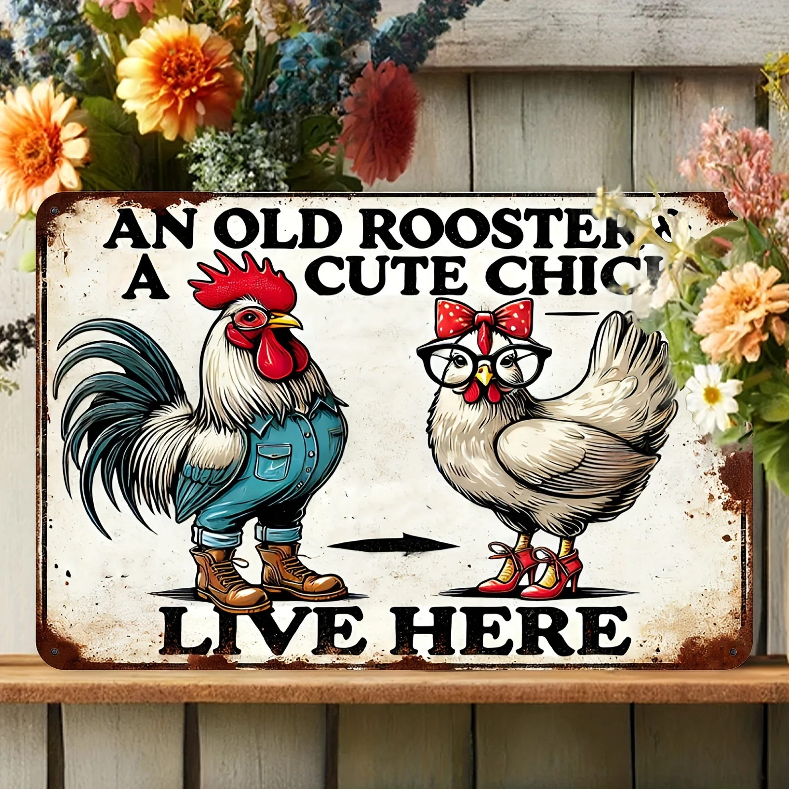 

1pc Rustic Farmhouse Iron Metal Sign 'An Old Rooster & a Cute Chick Live Here' - 12x8inch Wall Hanging Decor for Home, Porc