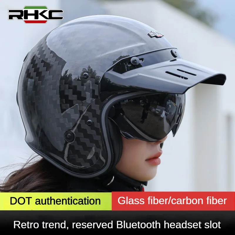 3K9K Carbon Fiber Glass Fiber Ultra Light Motorcycle Fashionable Retro Half Helmet with Detachable Brim Motocross Helmet