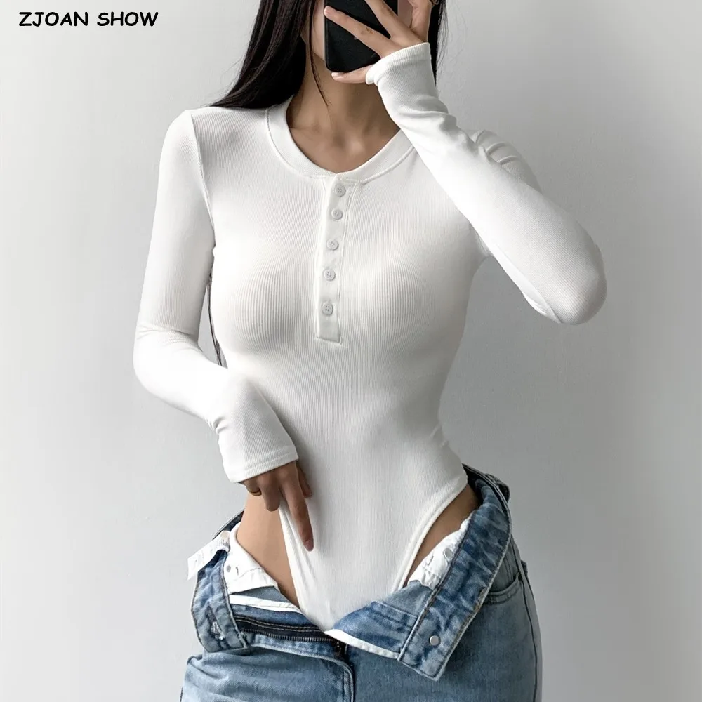 Herbst-Winter-Body mit offenen Knöpfen, Rundhalsausschnitt, gerippten langen Ärmeln, sexy kurzer Jumpsuit für Damen, eng anliegender Romper, figurbetonter Playsuit.
