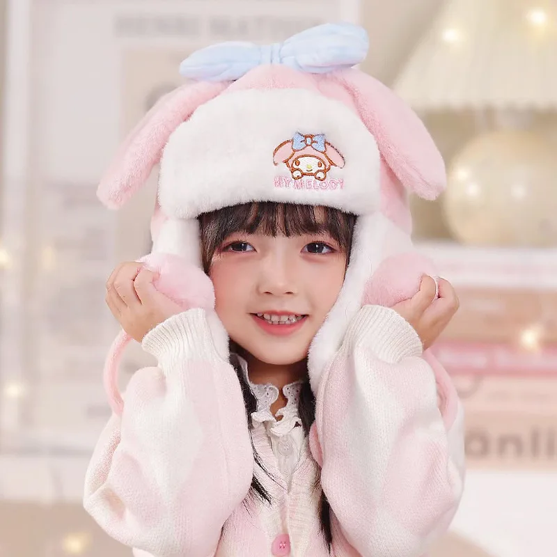 Gorro infantil My Melody Kuromi Sanrios Cinnamoroll dibujos animados mantener caliente figura de Anime Kawaii Plus terciopelo grueso regalo para niña Otoño Invierno