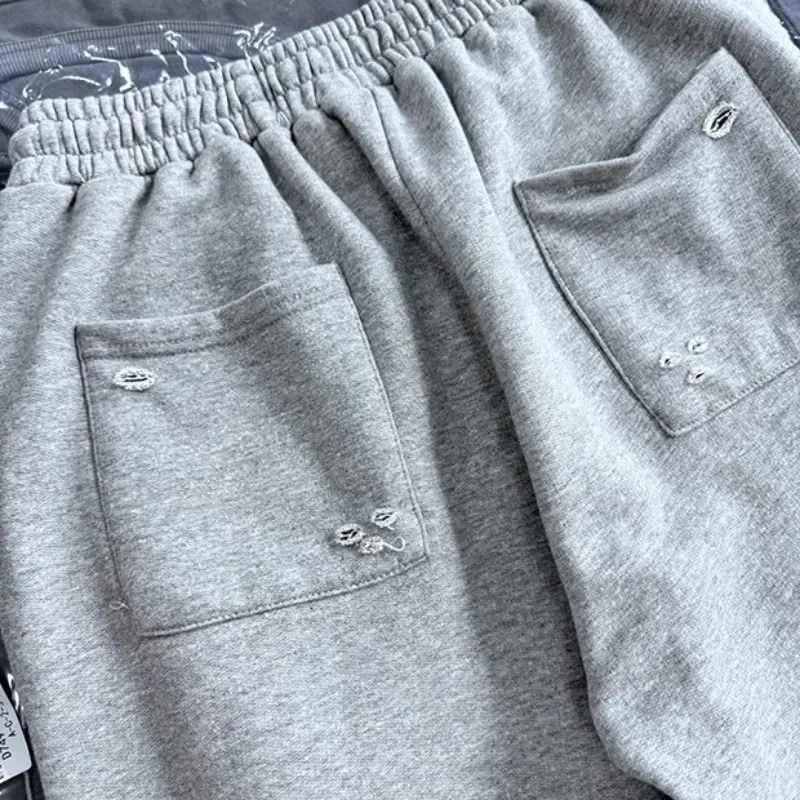 Washed Hole Damaged Lost Shdws Sweatpants Embroidery Floral Casual Pants Men Women Black Gray Loose Drawstring Jogger Trousers
