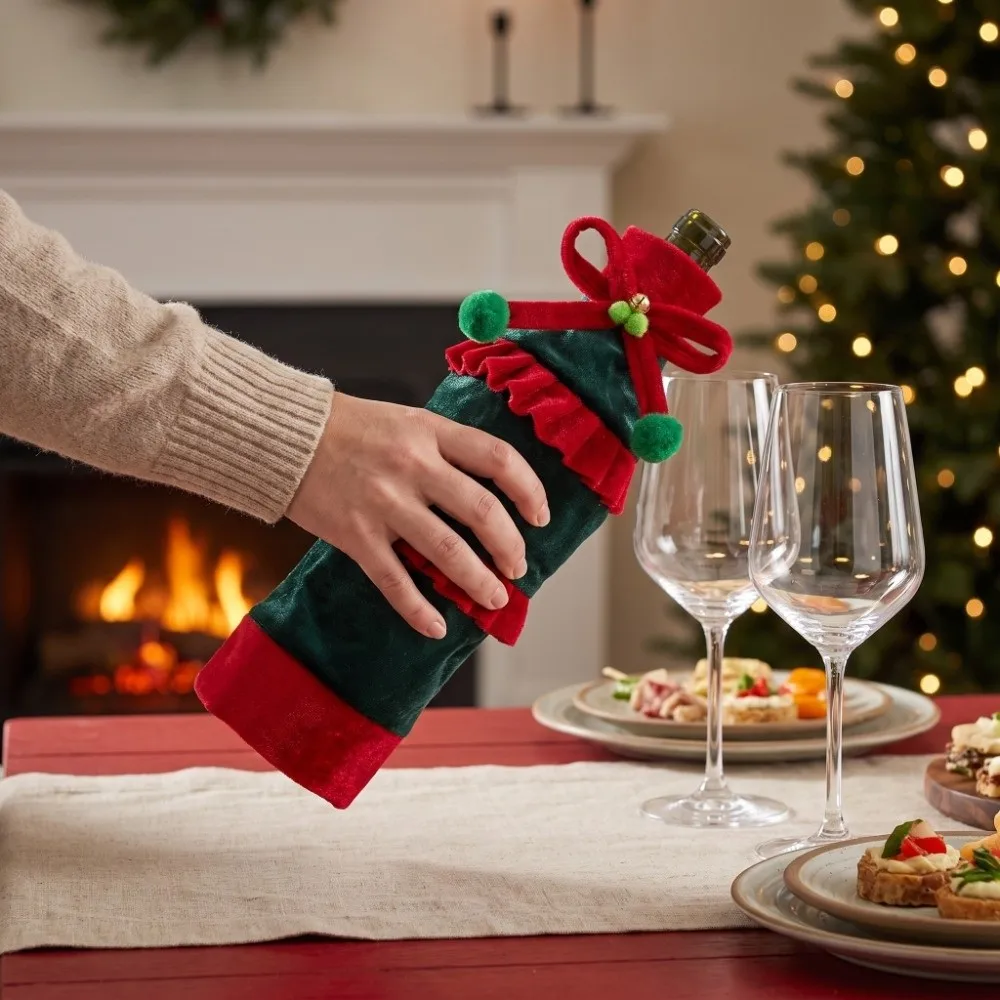 Bow Ruffled Christmas Velvet Bottle Cover 30cm 11.81in Bowknot Beer Bottle Cover Velvet Elegant Holiday Decoration Gift