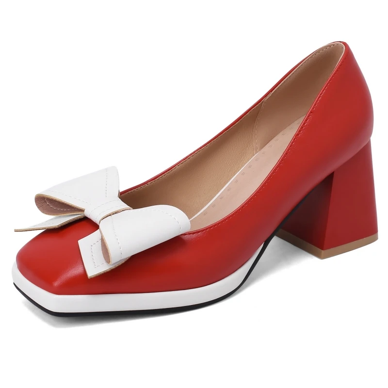 Sweet Bow-tied Women\'s Heels Shoes Elegant Blue Red Block Medium Heel Pumps Large Size Office Party Wedding Shoes