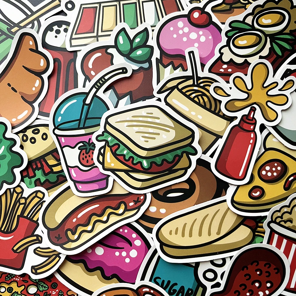 10/44Pcs Cute Food Burger Pizza Fries Hot Dog Gourmet Stickers Luggage Laptop Decorative Cartoon Food Stickers Delicacy Graffiti