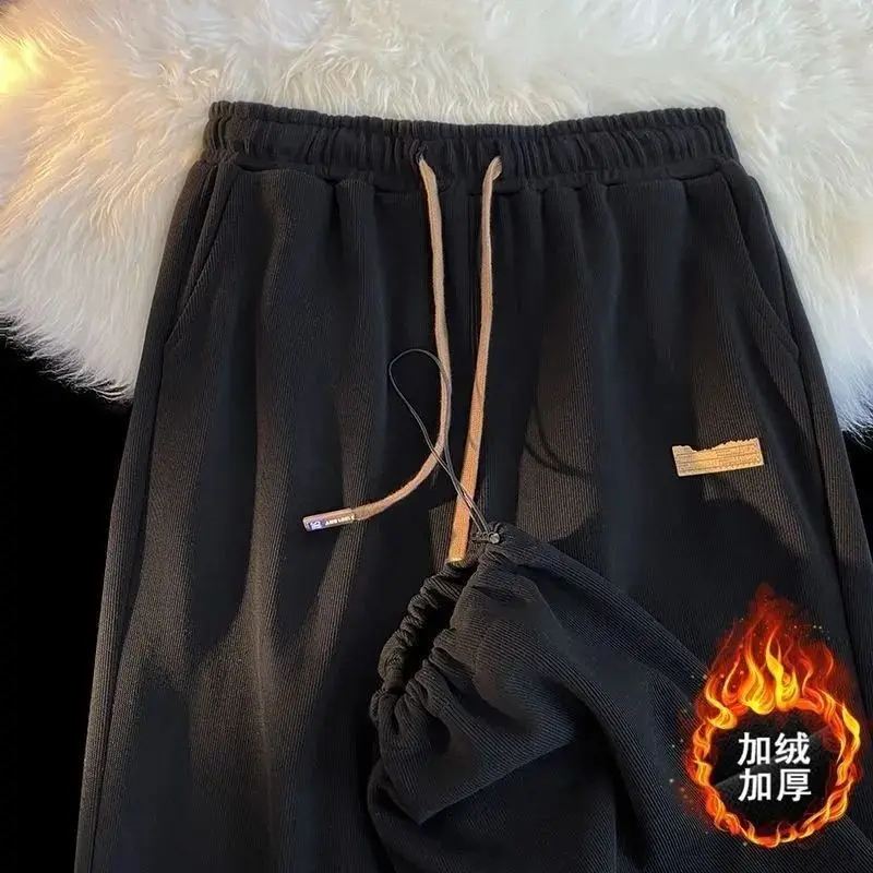 Autumn Winter Corduroy Sports Pants Men American Fashion Plus Velvet Thickened Straight Loose Drawstring Ties Casual Pants