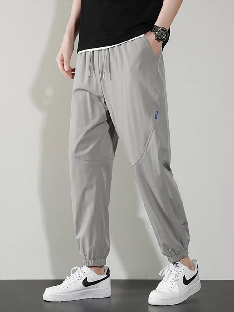 Pantalones de chándal de seda de hielo para hombre, ropa deportiva transpirable con cordón, informal, novedad de verano, 2024